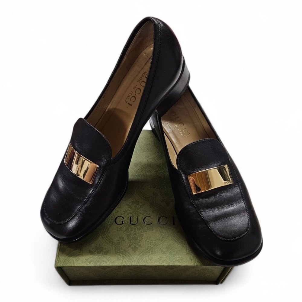 Gucci Gold Bar Loafers In Black Leather Size 6 C / 36 C